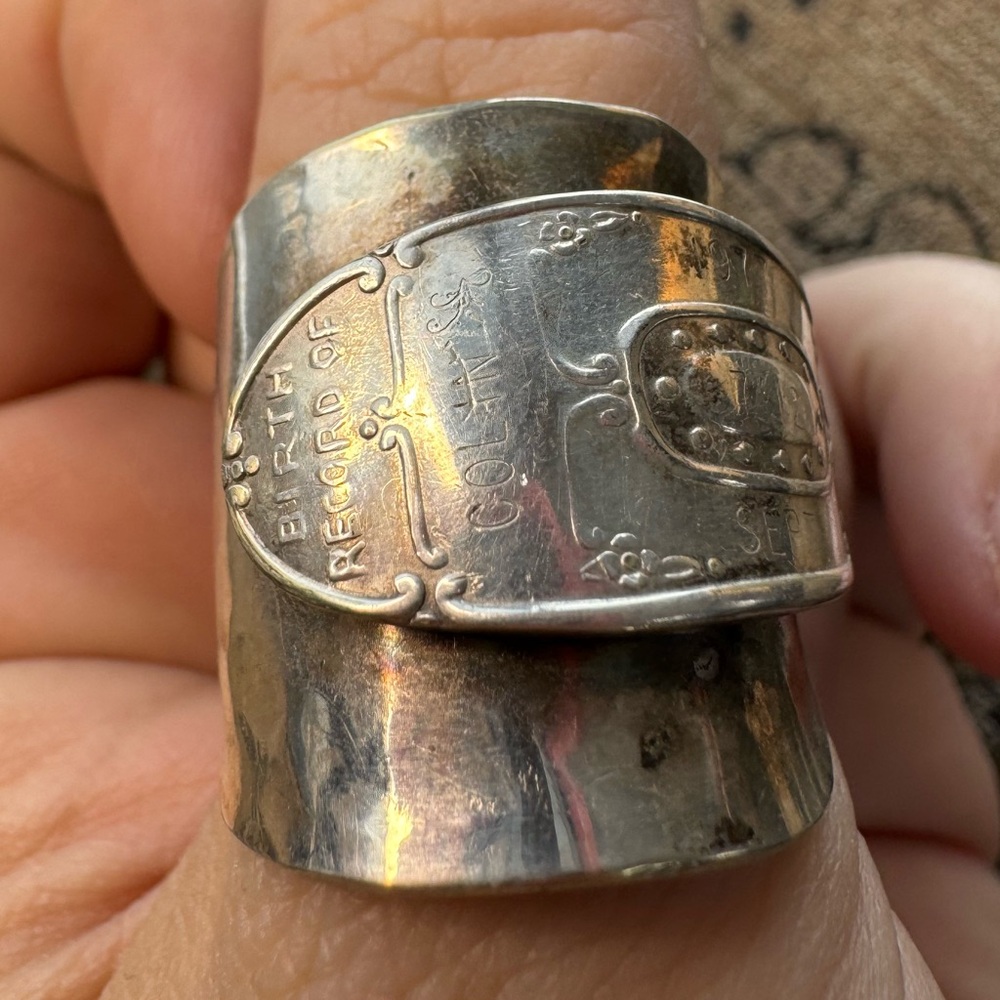 Handcrafted silver birth announcements spoon ring